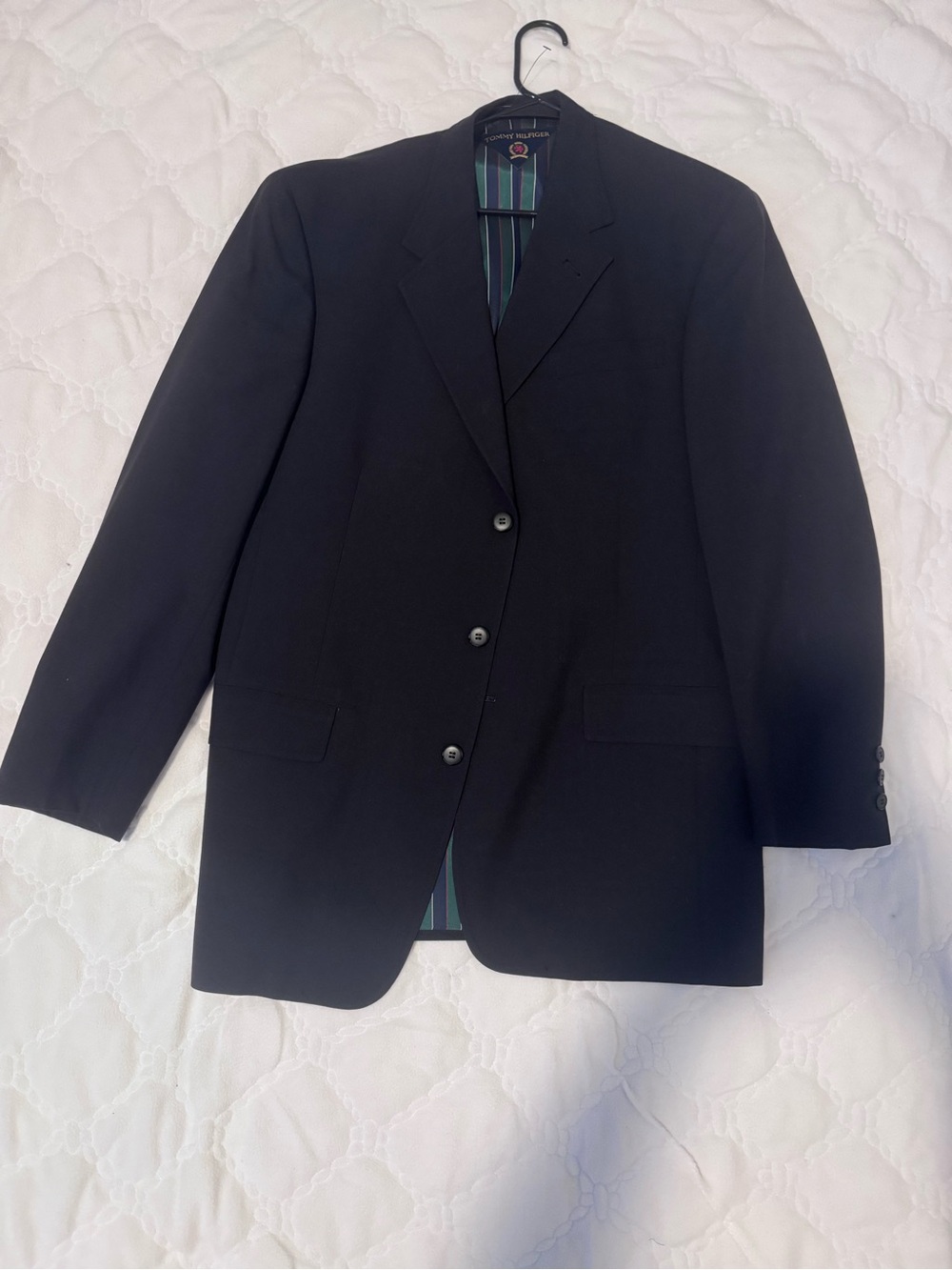 Tommy Hilfiger Navy Blazer with Green & Red Striped Lining 100 pure wool USA